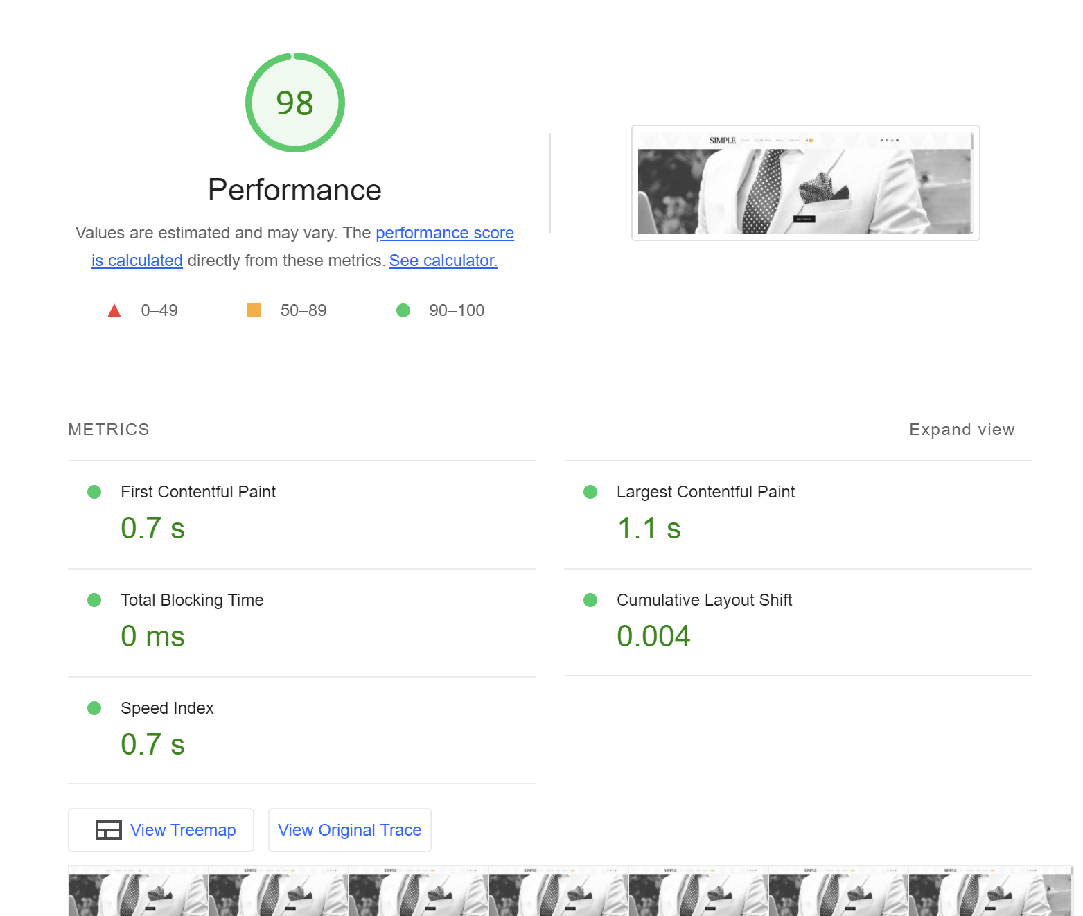 Google Lighthouse speed test showing 0.7s Speed Index for WordPress demo site